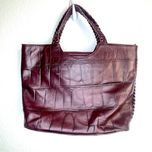 Authentic FALOR Handbag Made in Italy Braided Handle Crocodile Embossed Leather